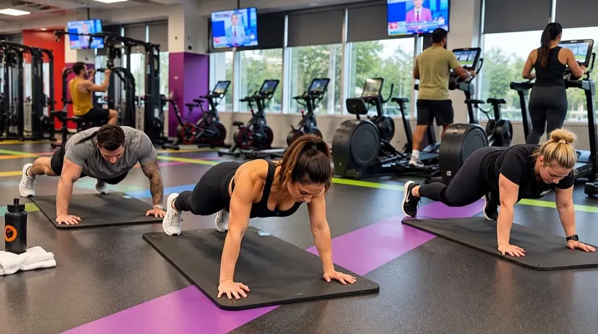 Employees doing push-ups on mats in a corporate fitness center