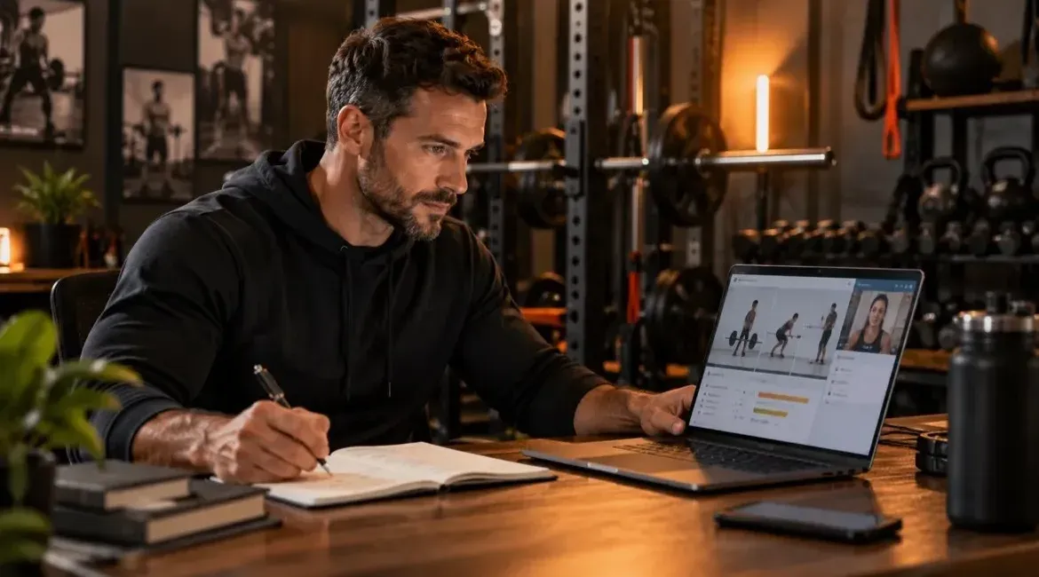Kaeos coach reviewing a client's training on a laptop