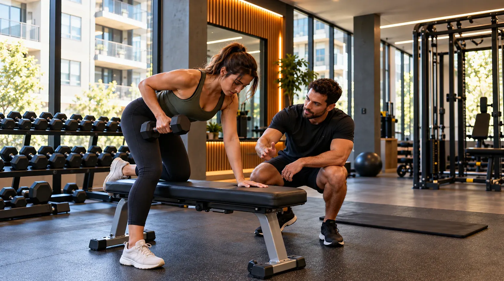 Kaeos coach cueing a resident through a dumbbell row in a residential gym