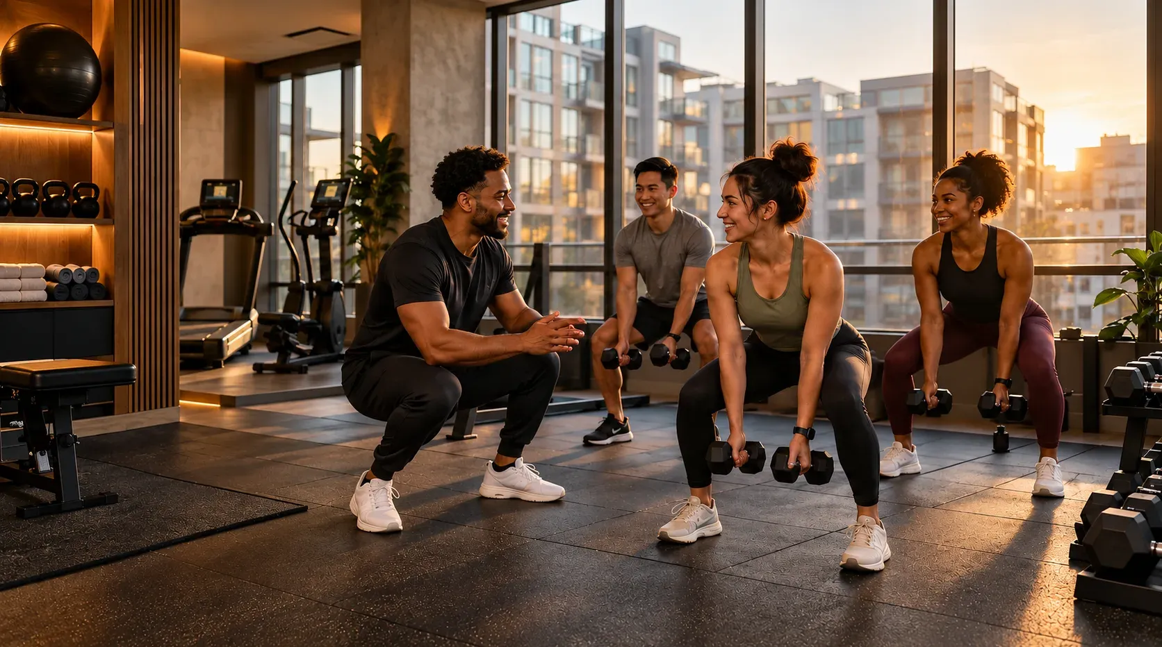 Kaeos coach leading residents through a dumbbell squat in a building fitness center